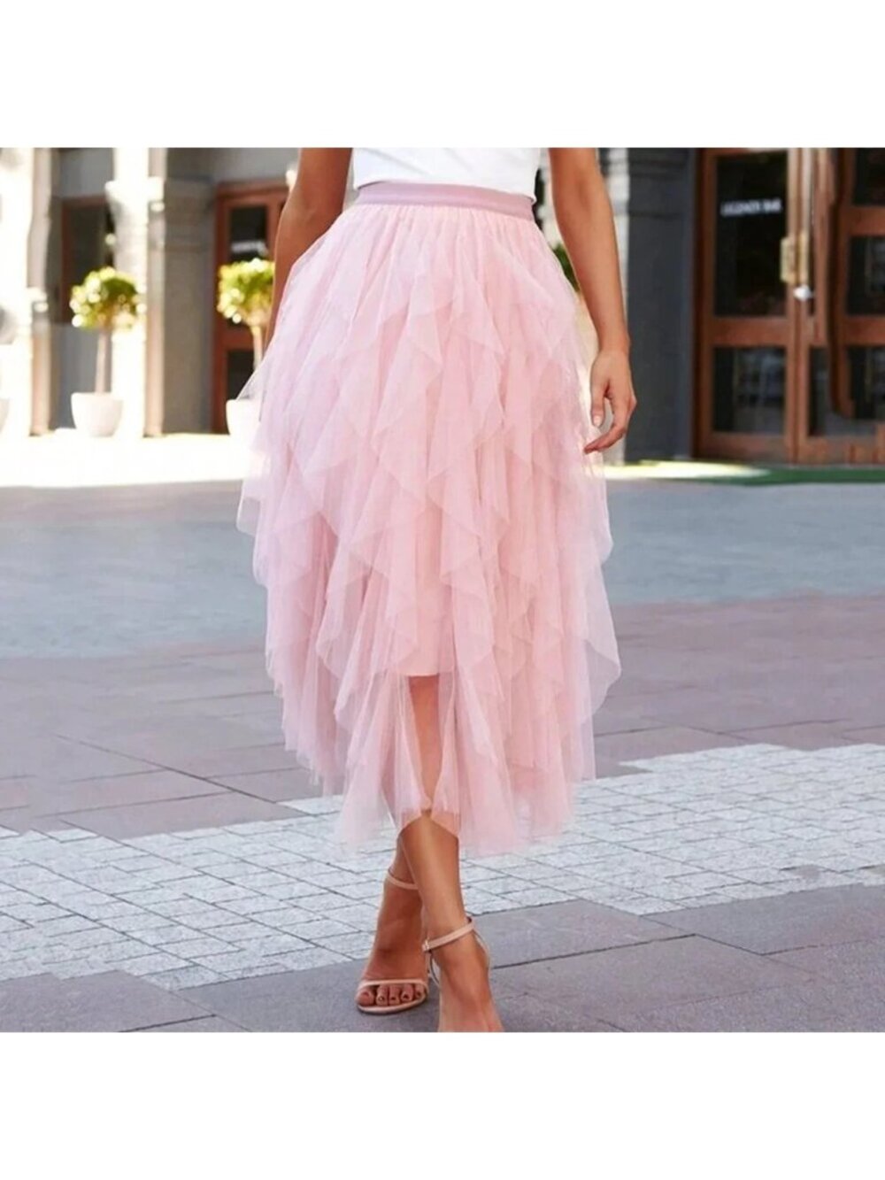 Dusty Pink Elegant Women's Layered Hem Mesh Overlay Skirt